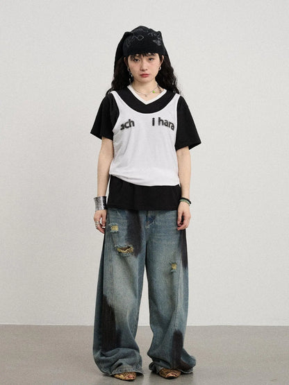 Banana-Cut Wide Leg Denim Pants
