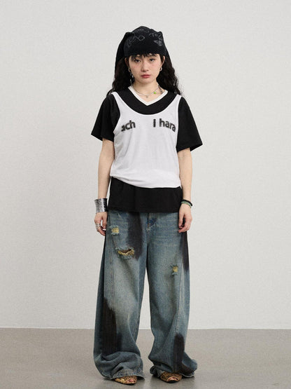 Achihara Banana-Cut Wide Leg Denim Pants