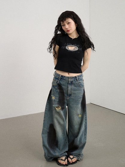 Achihara Banana-Cut Wide Leg Denim Pants