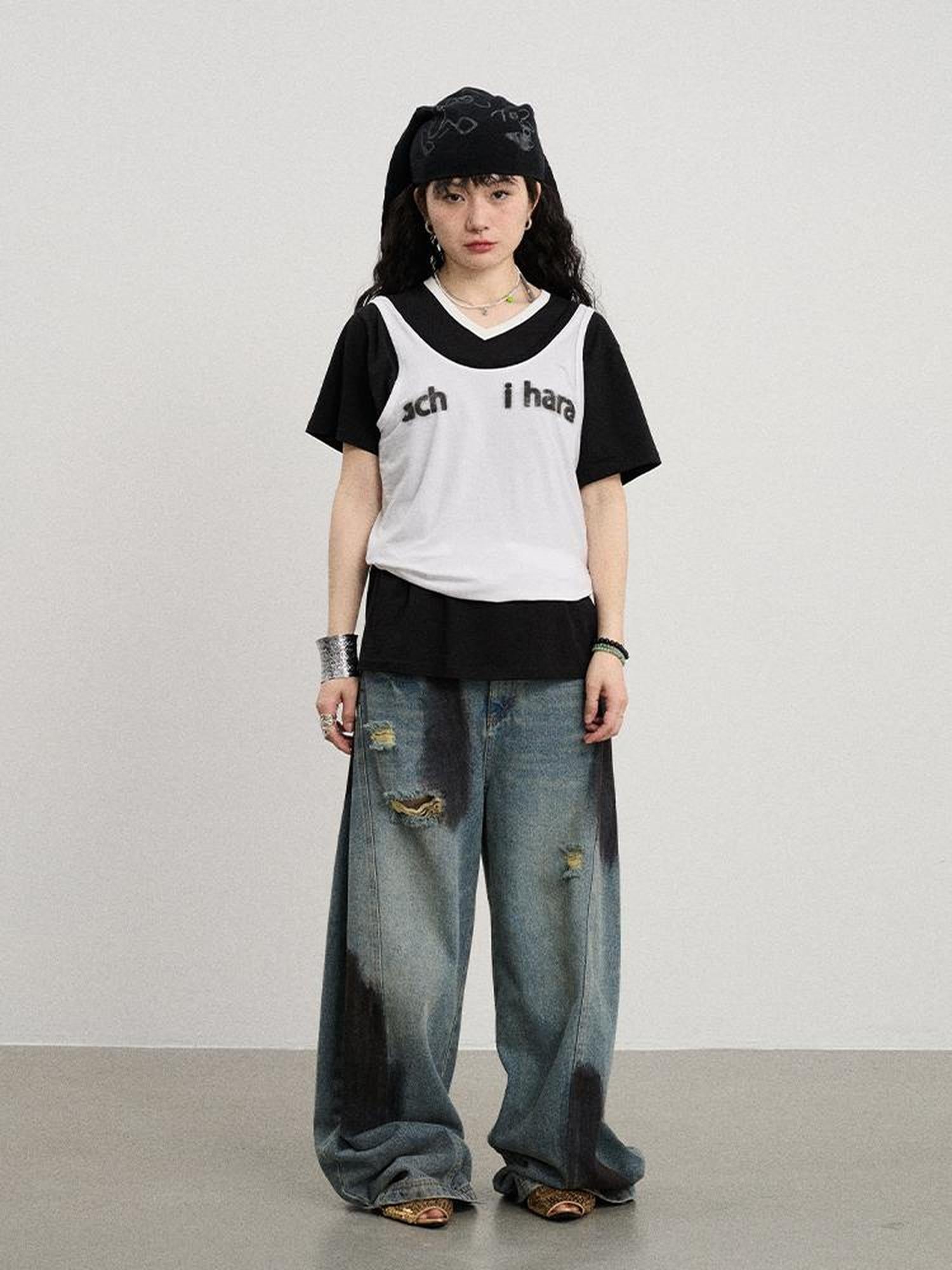 Achihara Banana-Cut Wide Leg Denim Pants