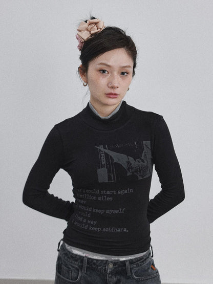 Achihara Bauhaus Lyric Print Merino Turtleneck Tee