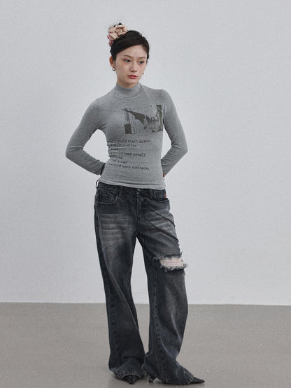 Achihara Bauhaus Lyric Print Merino Turtleneck Tee
