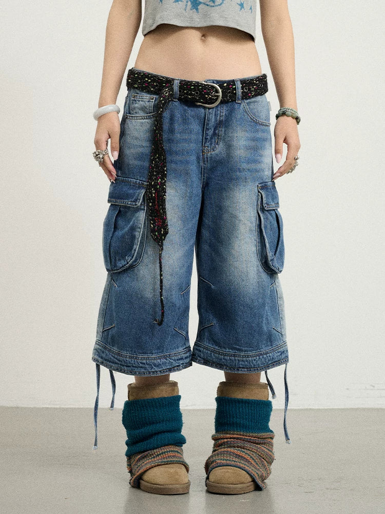 Achihara Beach Washed Relaxed Cargo Denim Shorts-1