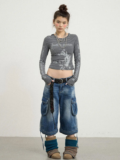 Beach Washed Relaxed Cargo Denim Shorts