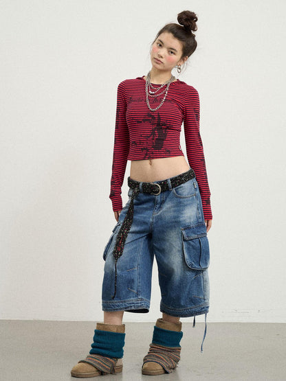 Achihara Beach Washed Relaxed Cargo Denim Shorts