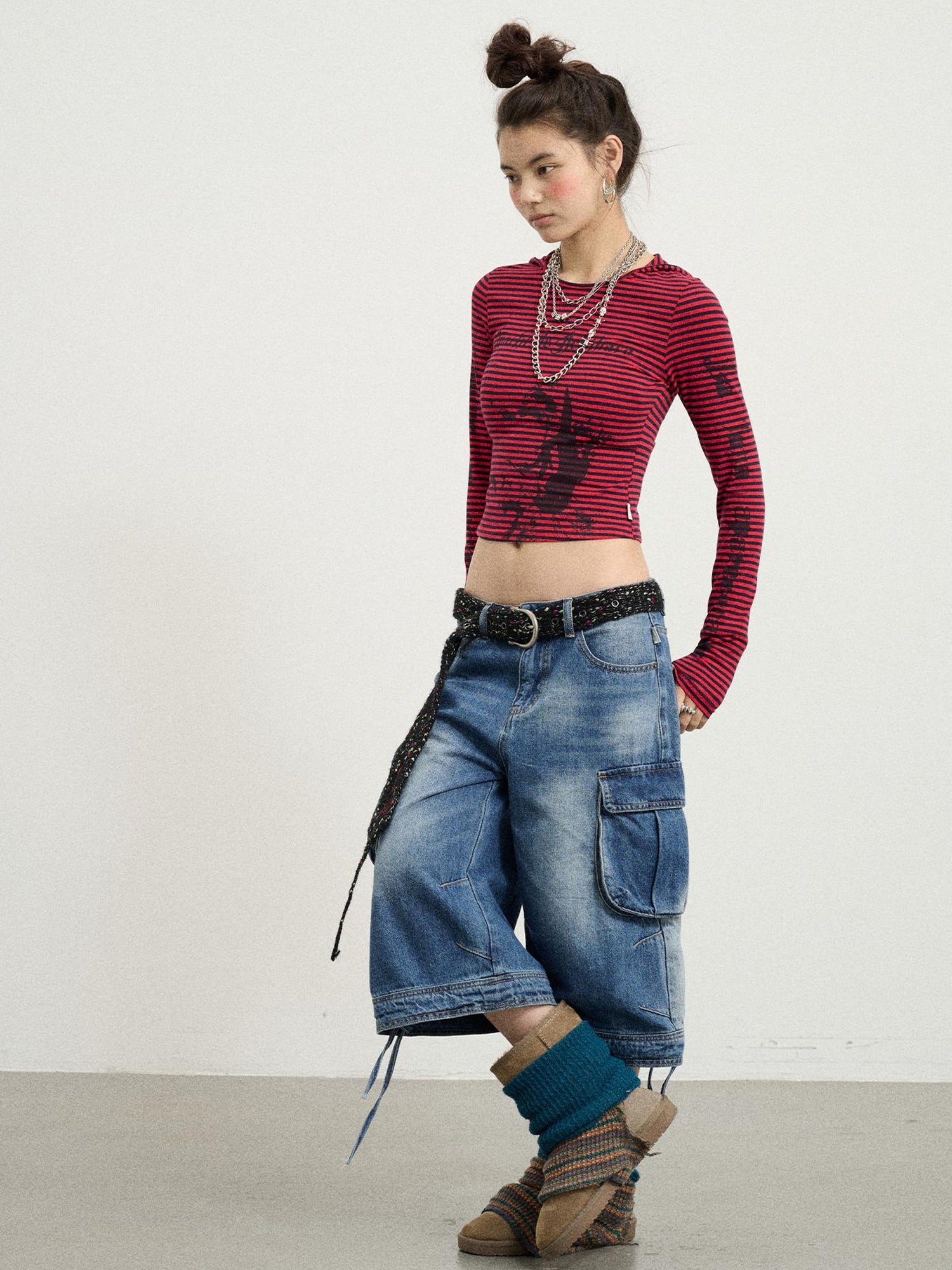 Achihara Beach Washed Relaxed Cargo Denim Shorts