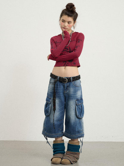 Achihara Beach Washed Relaxed Cargo Denim Shorts