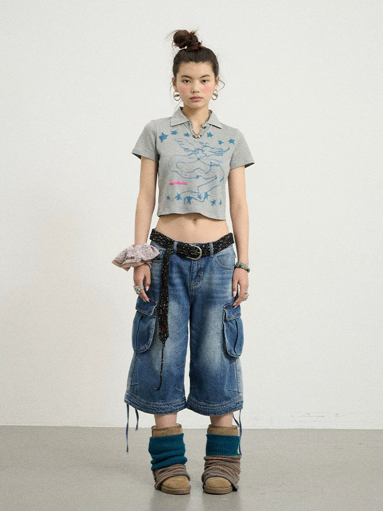 Achihara Beach Washed Relaxed Cargo Denim Shorts-2