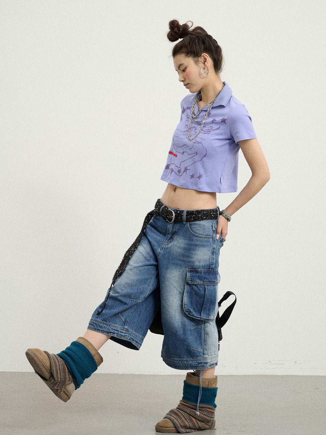 Achihara Beach Washed Relaxed Cargo Denim Shorts