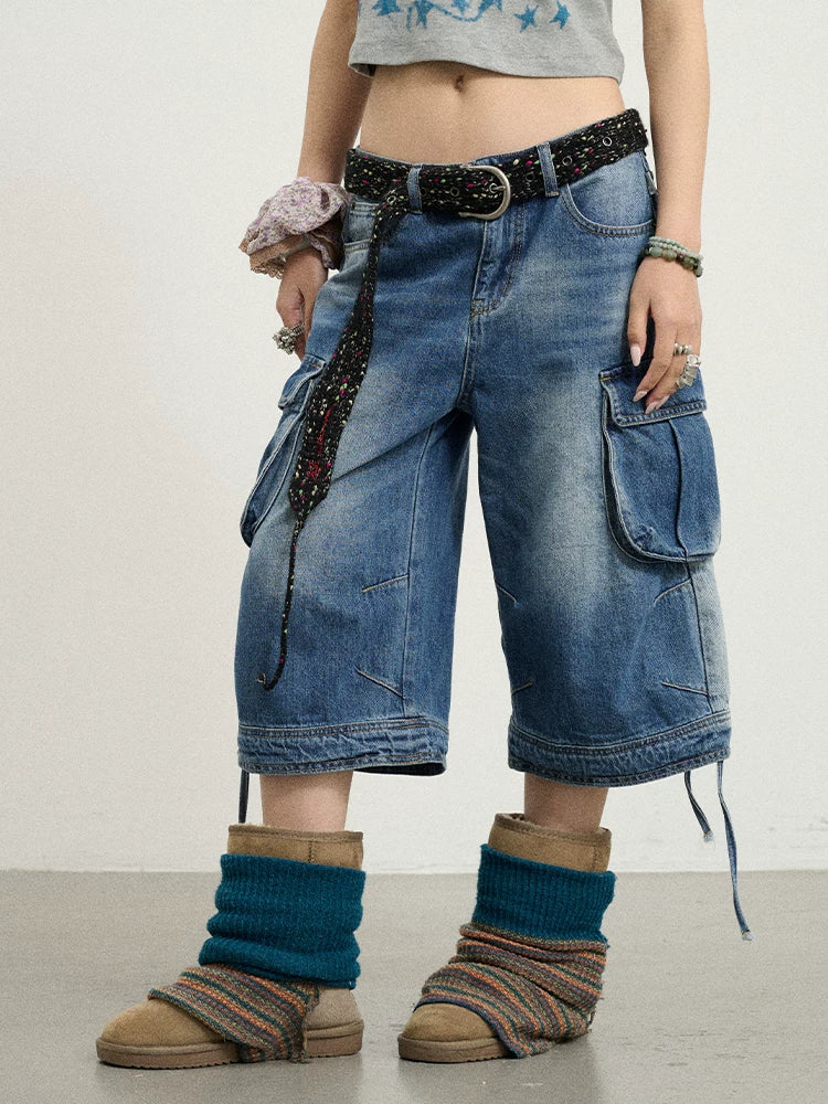Achihara Beach Washed Relaxed Cargo Denim Shorts-3