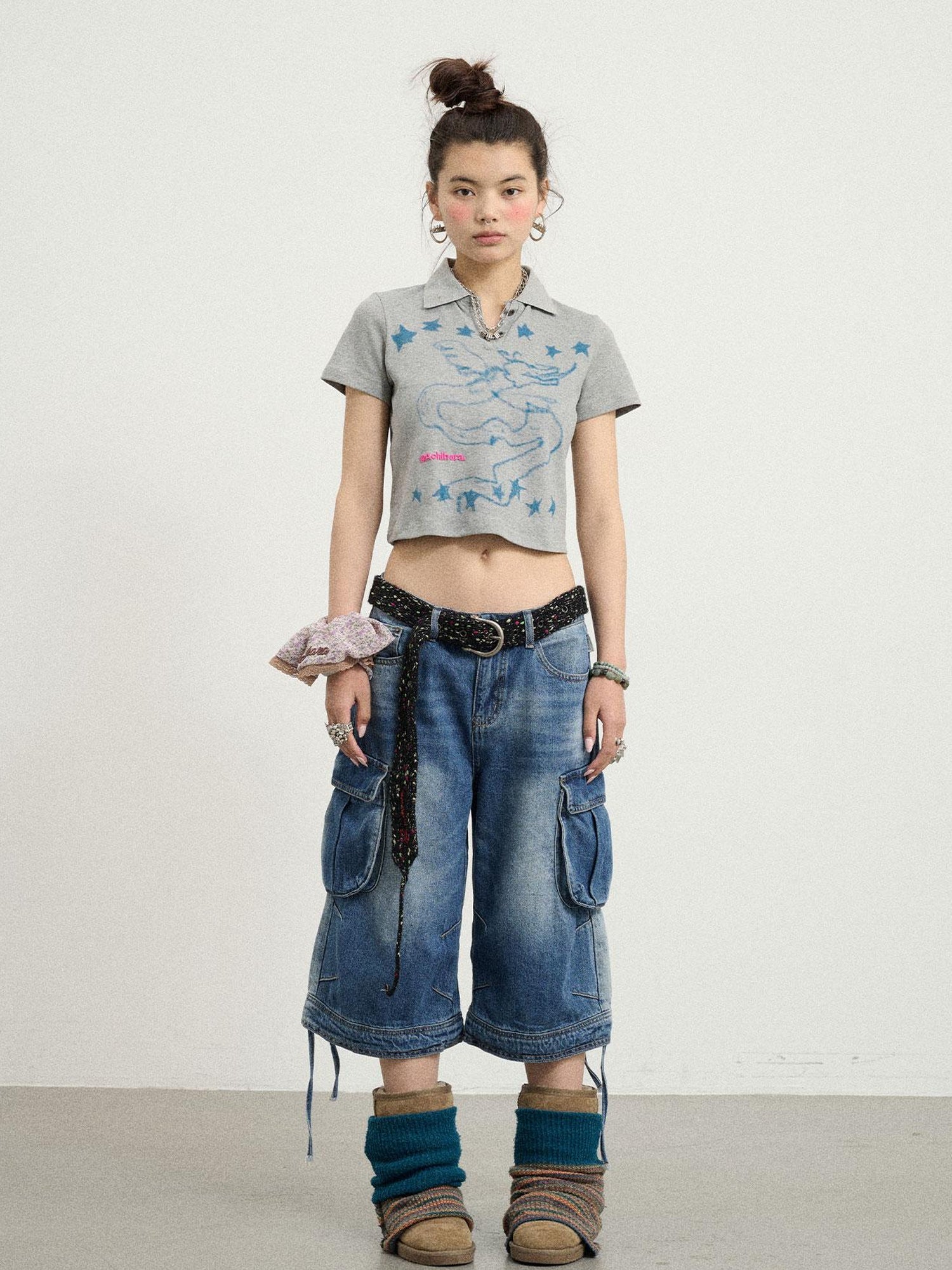 Achihara Beach Washed Relaxed Cargo Denim Shorts