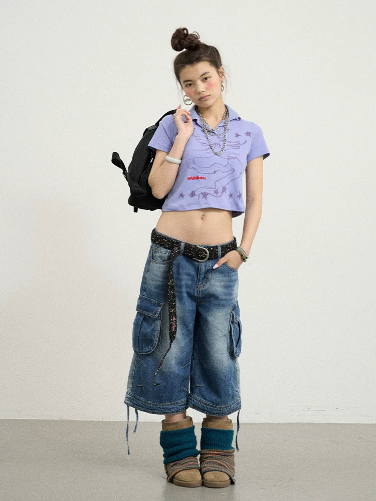 Achihara Beach Washed Relaxed Cargo Denim Shorts-4