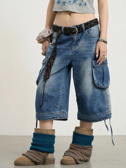 Beach Washed Relaxed Cargo Denim Shorts