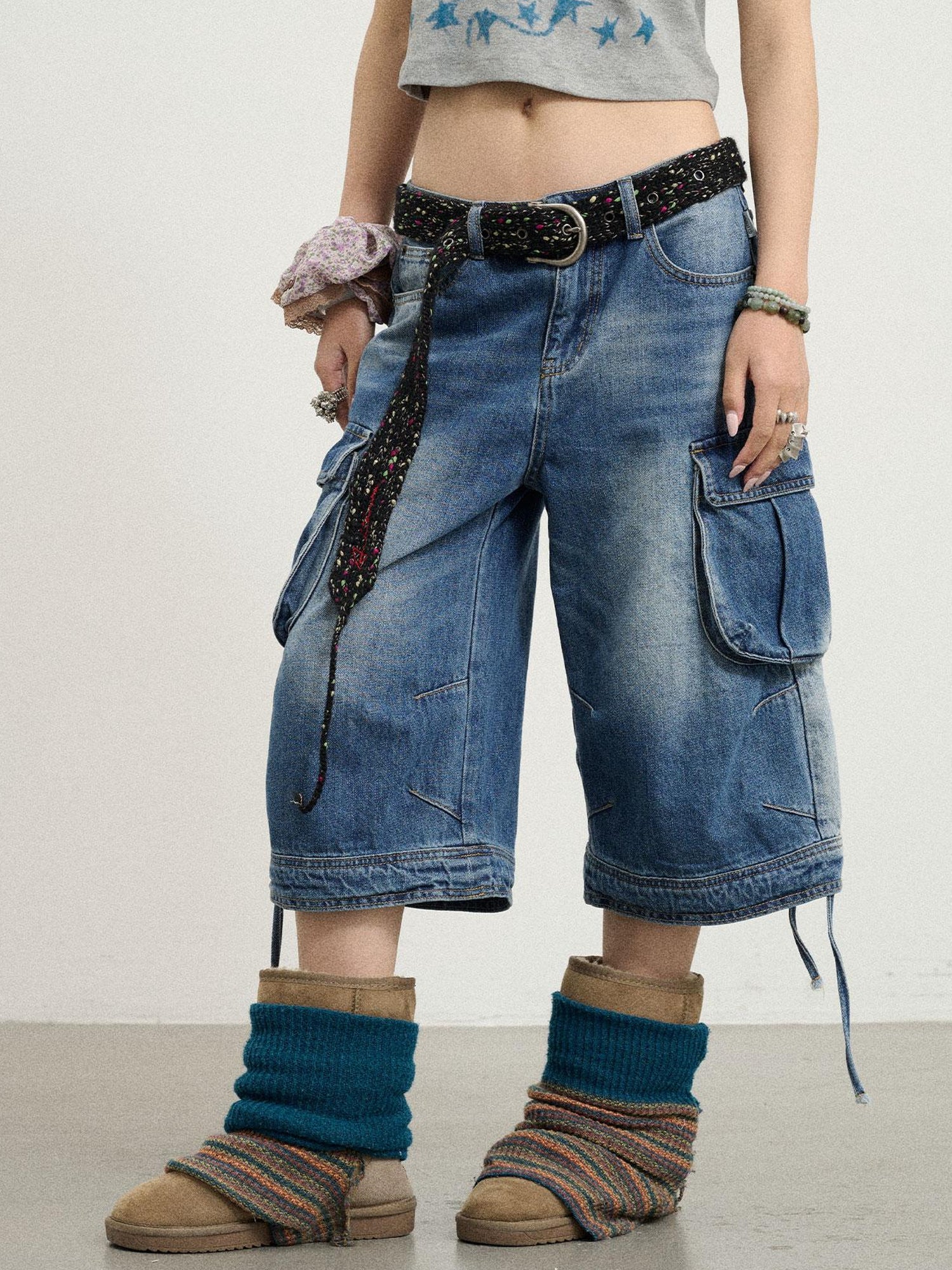 Achihara Beach Washed Relaxed Cargo Denim Shorts