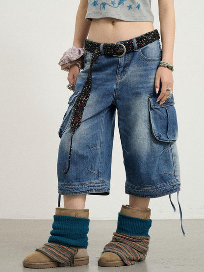 Achihara Beach Washed Relaxed Cargo Denim Shorts