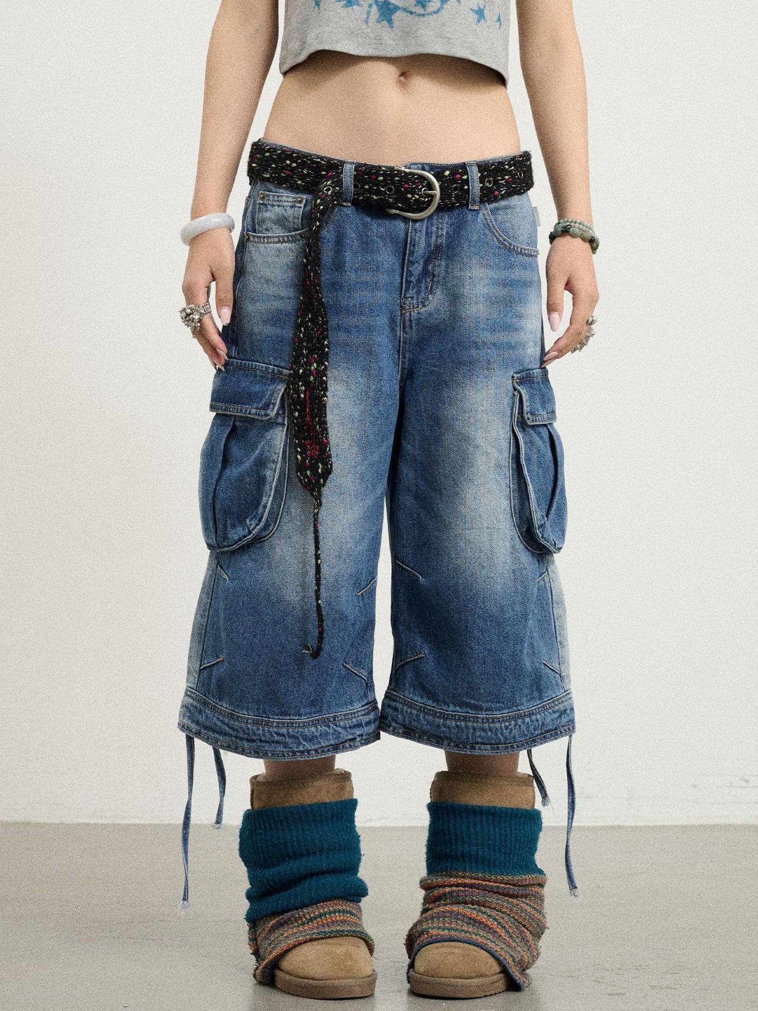 Achihara Beach Washed Relaxed Cargo Denim Shorts