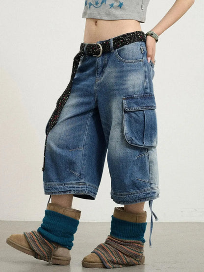 Beach Washed Relaxed Cargo Denim Shorts