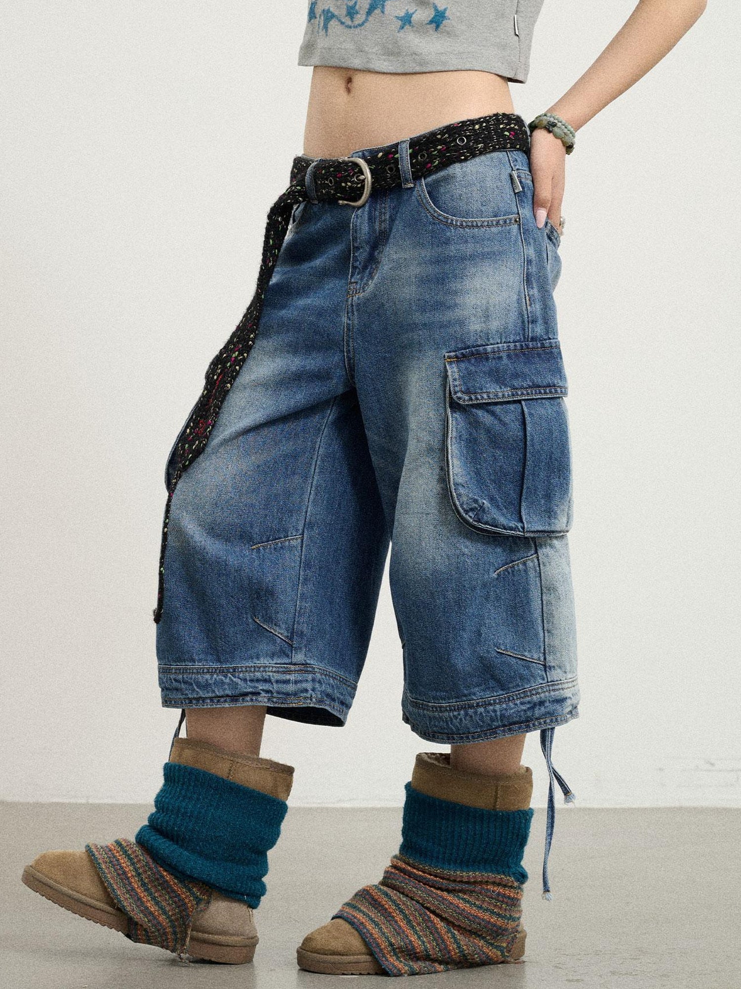 Achihara Beach Washed Relaxed Cargo Denim Shorts