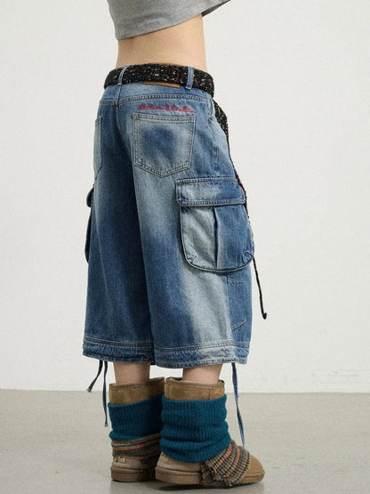Beach Washed Relaxed Cargo Denim Shorts