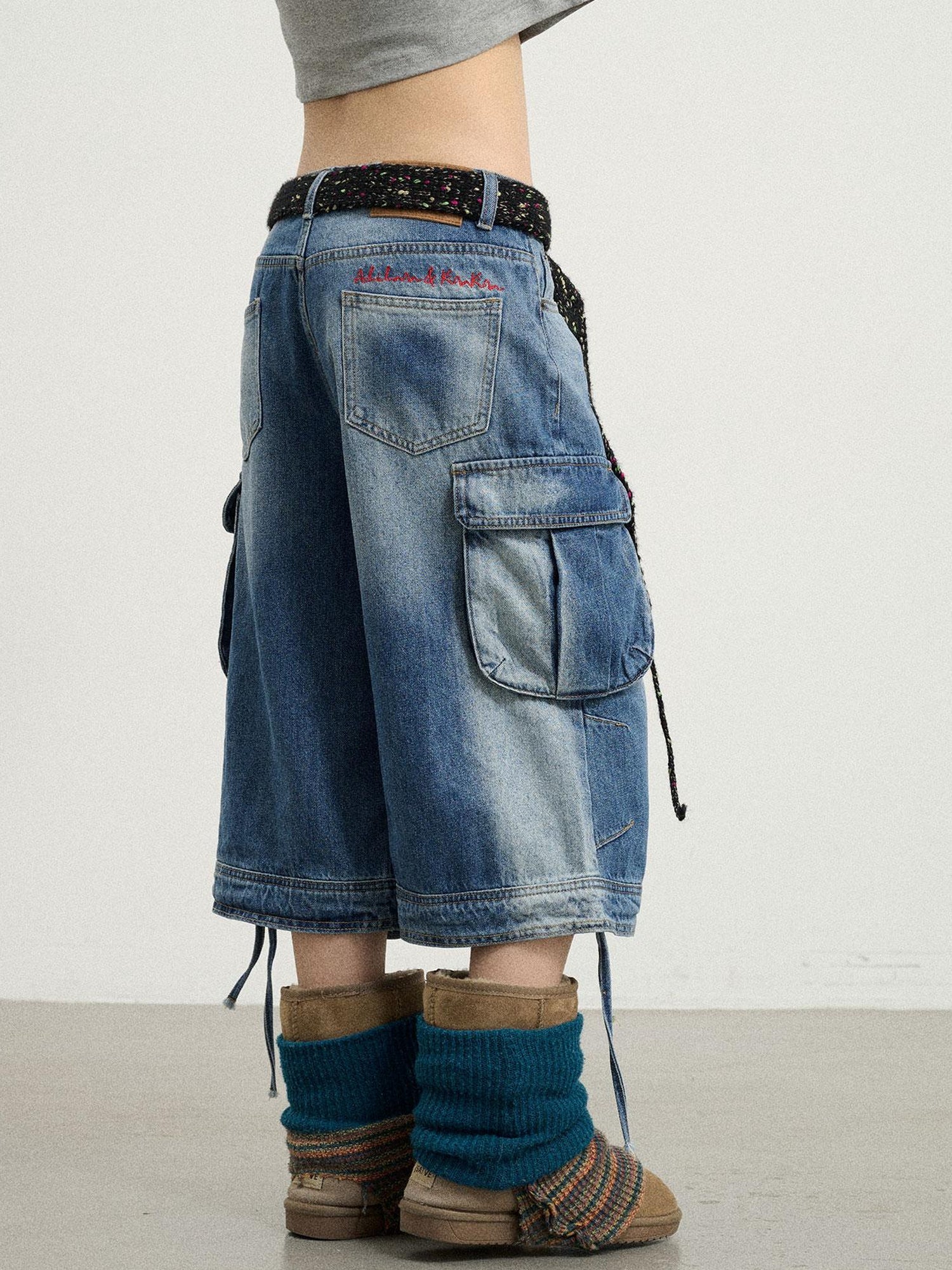 Achihara Beach Washed Relaxed Cargo Denim Shorts