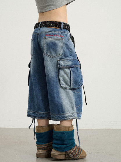 Achihara Beach Washed Relaxed Cargo Denim Shorts