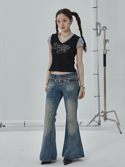 Achihara Black Contrast Collar Cropped Tee