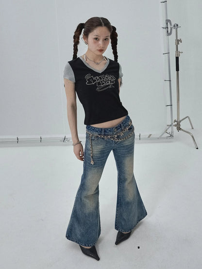 Black Contrast Collar Cropped Tee