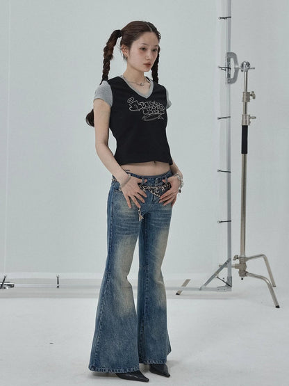 Black Contrast Collar Cropped Tee