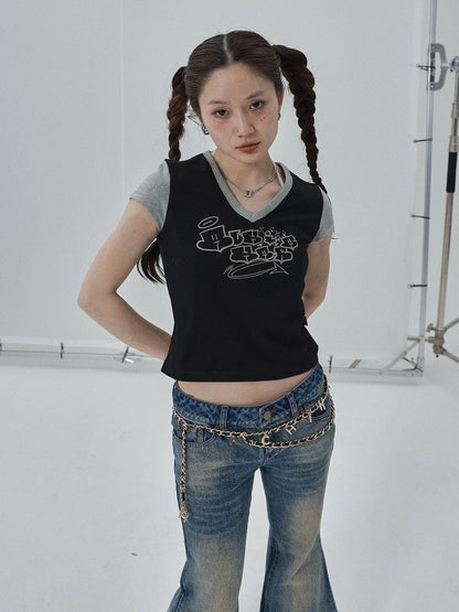 Achihara Black Contrast Collar Cropped Tee