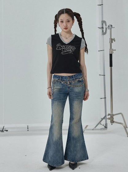 Black Contrast Collar Cropped Tee