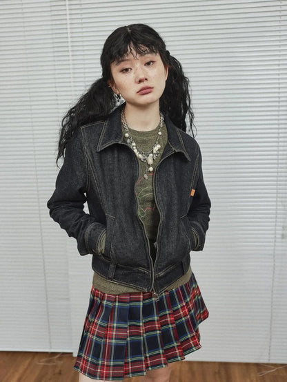 Black Denim Cropped Jacket With Soft Fleece Lining