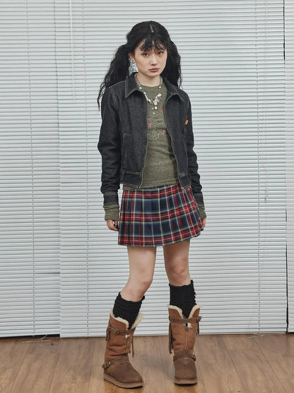 Black Denim Cropped Jacket With Soft Fleece Lining