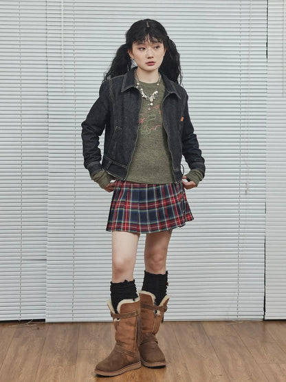 Black Denim Cropped Jacket With Soft Fleece Lining