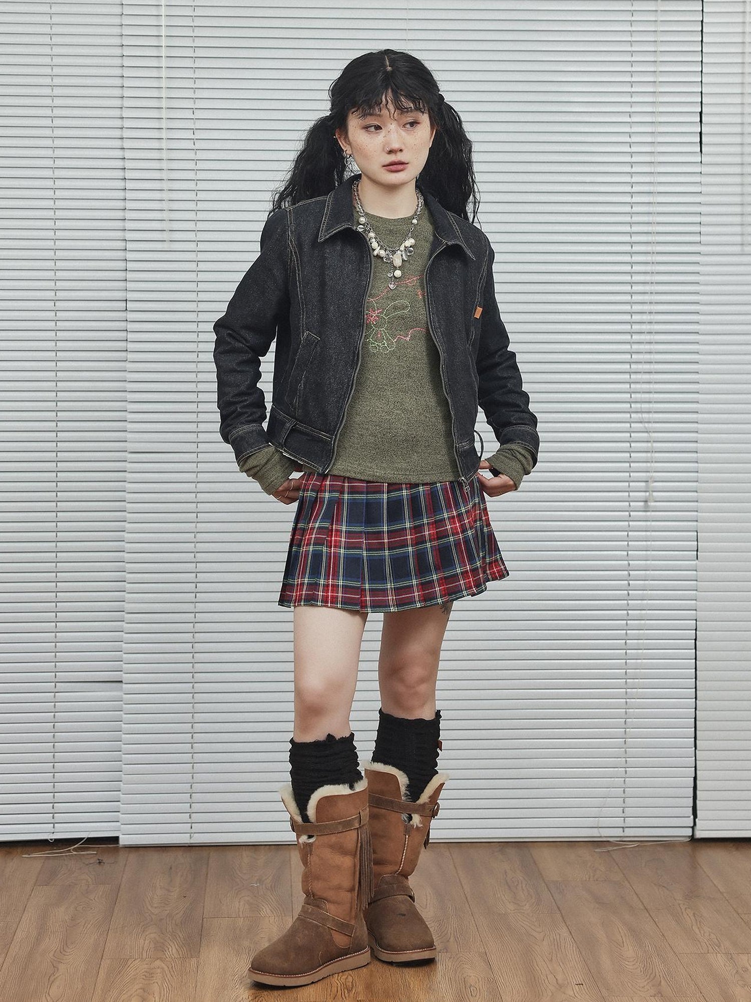 Achihara Black Denim Cropped Jacket With Soft Fleece Lining