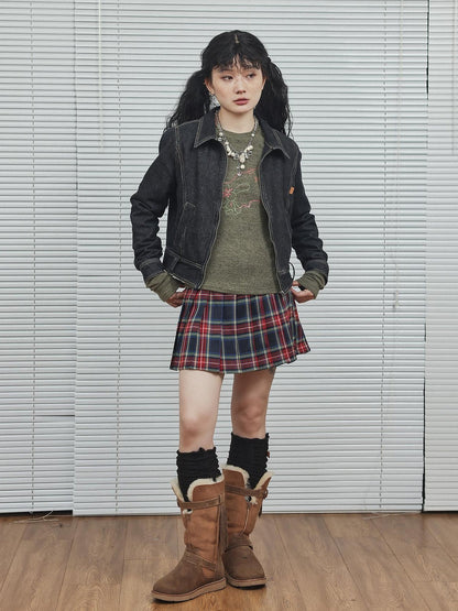 Achihara Black Denim Cropped Jacket With Soft Fleece Lining