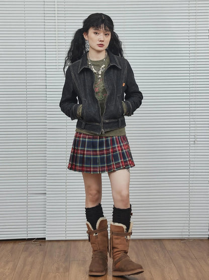 Black Denim Cropped Jacket With Soft Fleece Lining