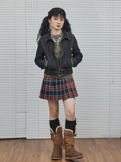 Achihara Black Denim Cropped Jacket With Soft Fleece Lining