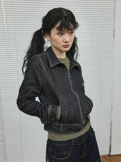 Black Denim Cropped Jacket With Soft Fleece Lining