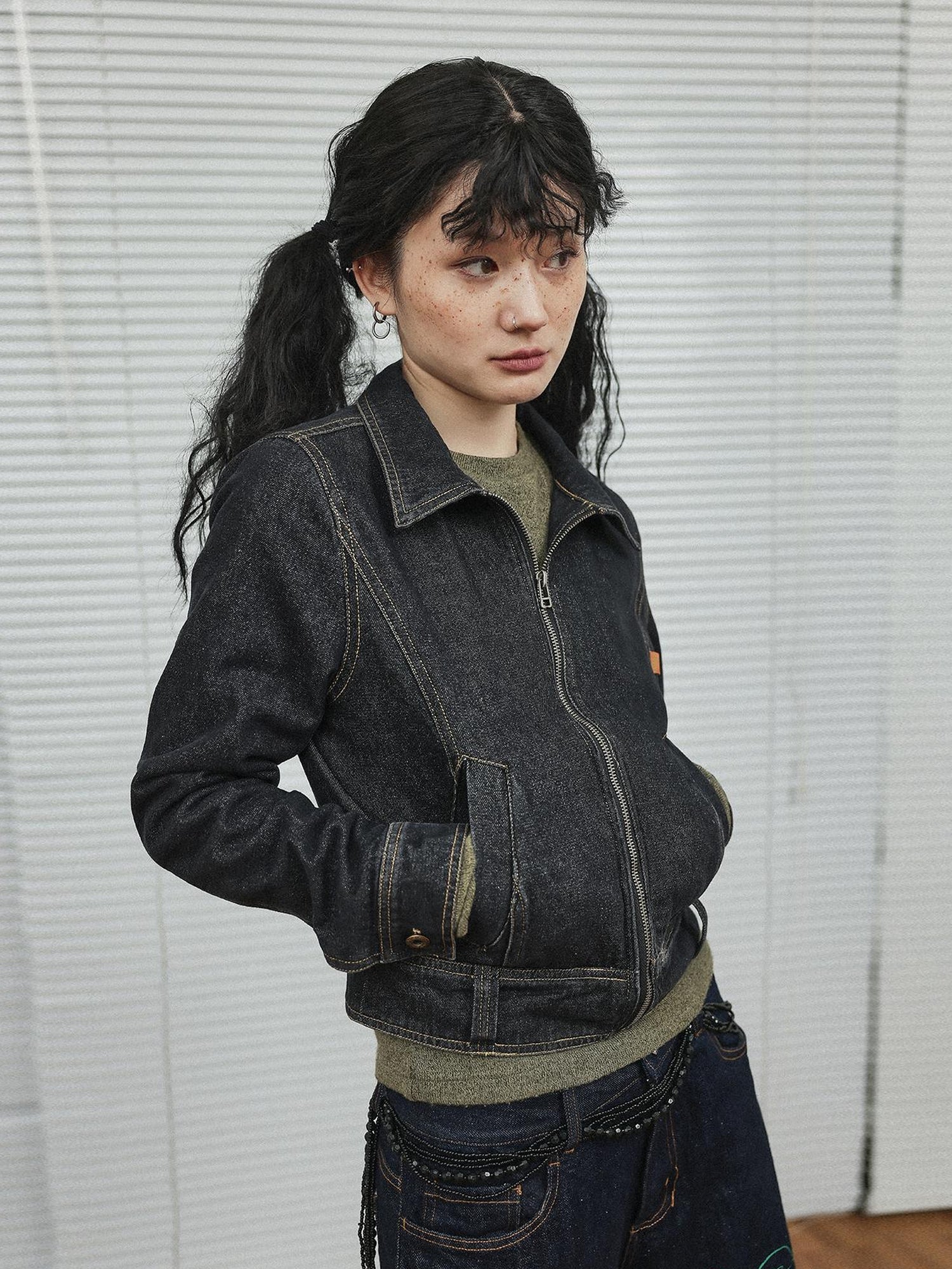 Achihara Black Denim Cropped Jacket With Soft Fleece Lining