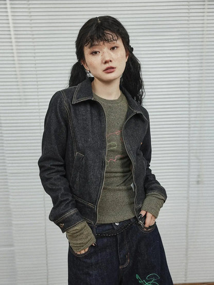 Black Denim Cropped Jacket With Soft Fleece Lining