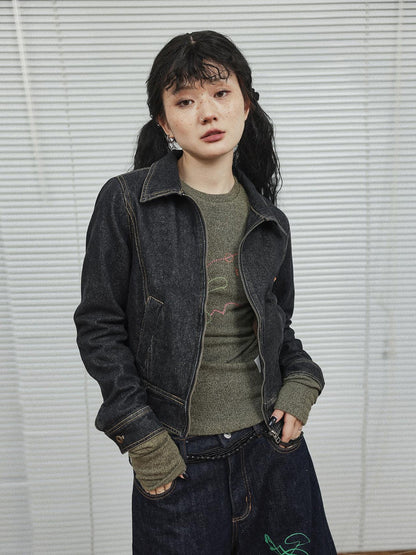 Achihara Black Denim Cropped Jacket With Soft Fleece Lining