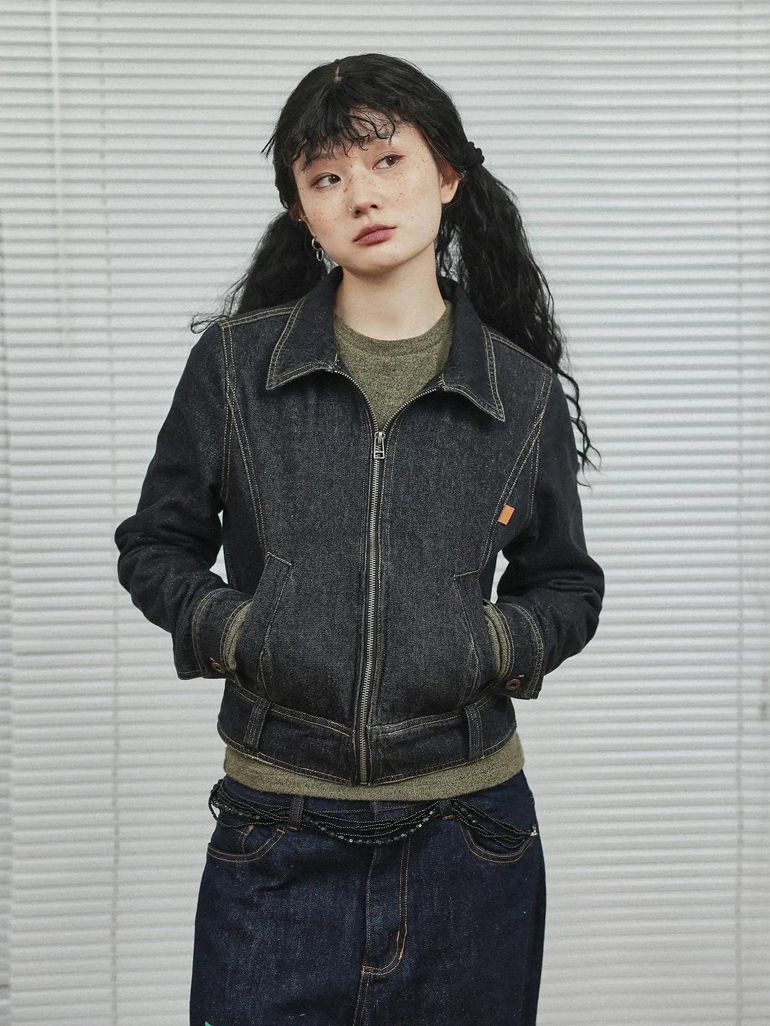 Black Denim Cropped Jacket With Soft Fleece Lining