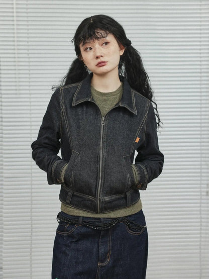 Black Denim Cropped Jacket With Soft Fleece Lining