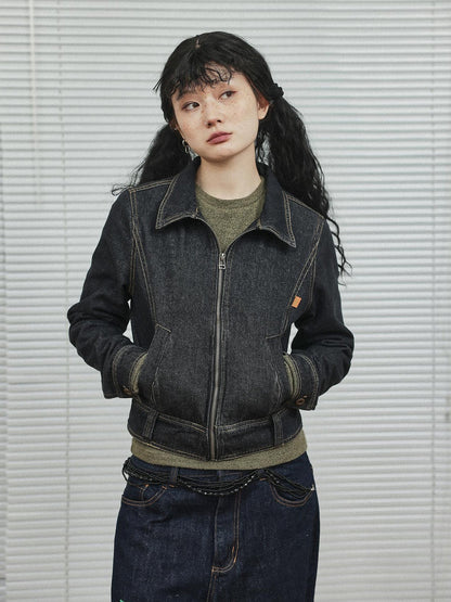 Achihara Black Denim Cropped Jacket With Soft Fleece Lining