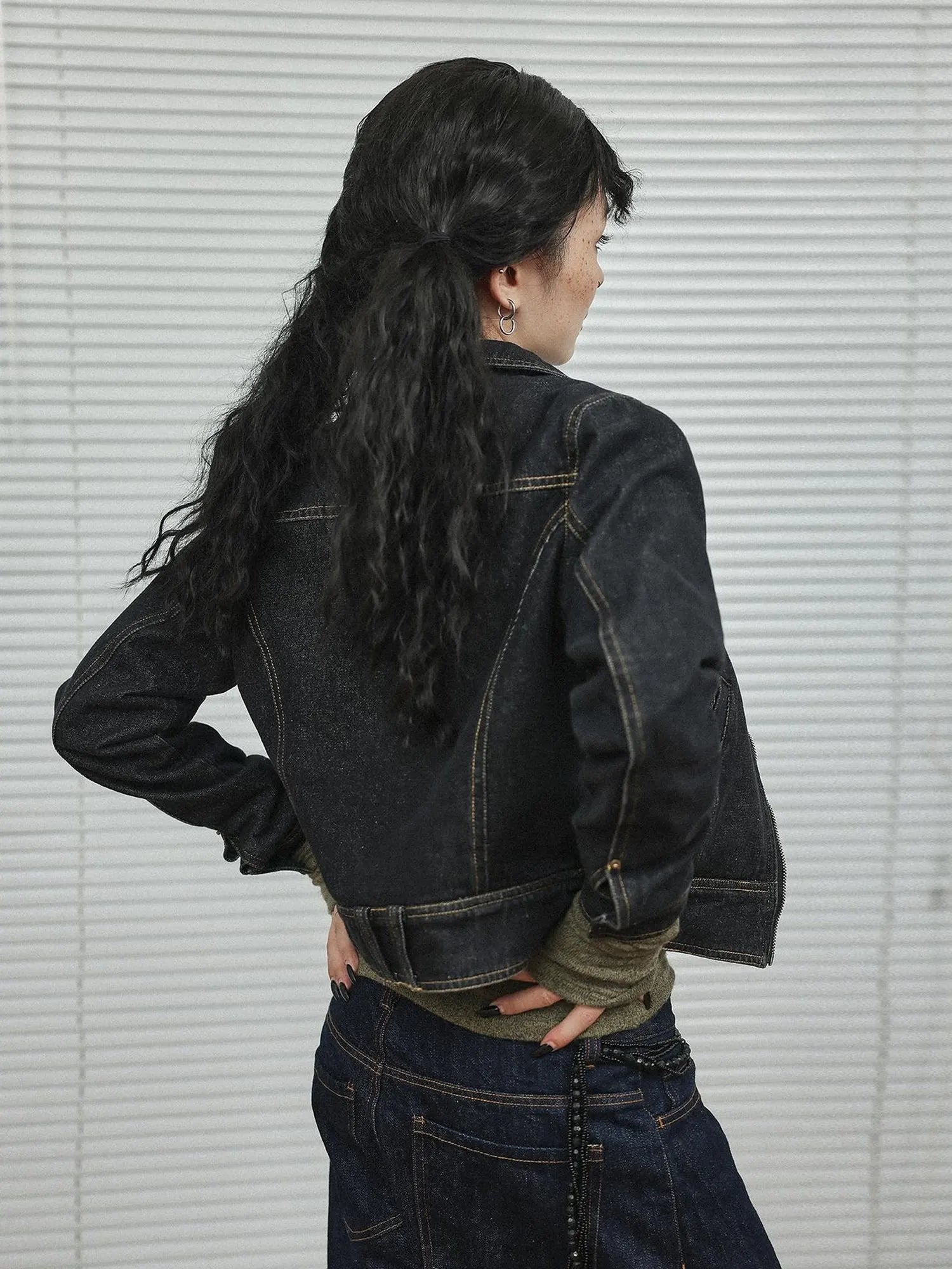 Black Denim Cropped Jacket With Soft Fleece Lining