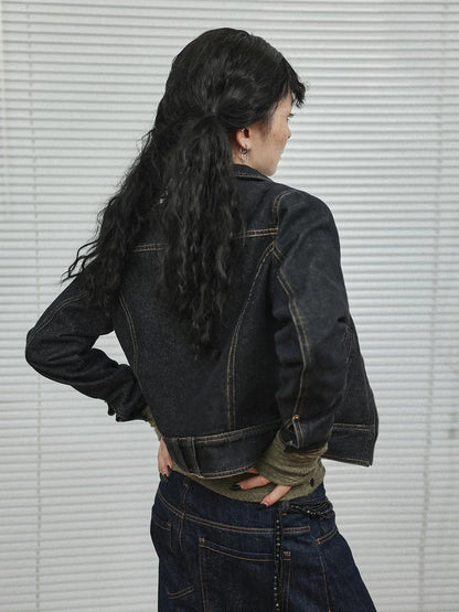 Black Denim Cropped Jacket With Soft Fleece Lining