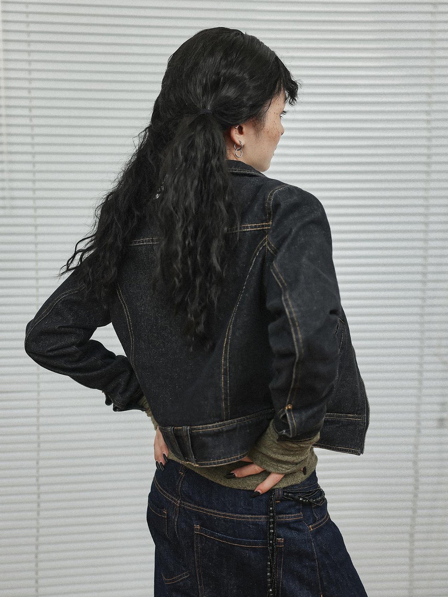 Achihara Black Denim Cropped Jacket With Soft Fleece Lining