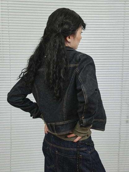 Achihara Black Denim Cropped Jacket With Soft Fleece Lining