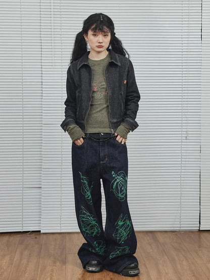 Achihara Black Denim Cropped Jacket With Soft Fleece Lining