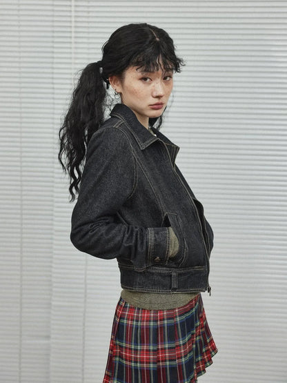 Black Denim Cropped Jacket With Soft Fleece Lining